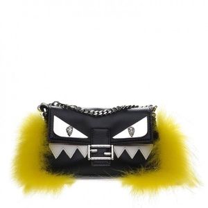 Fendi Black Leather and Yellow Fox Fur Monster Crossbody Bag